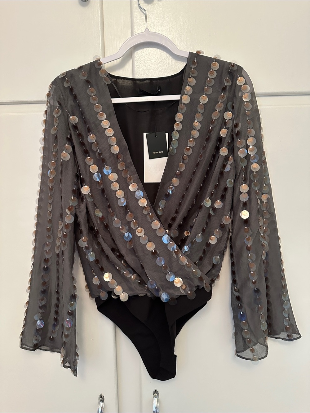 NWT Zara Festive Days Sequin Shimmer Grey Bodysuit Blouse